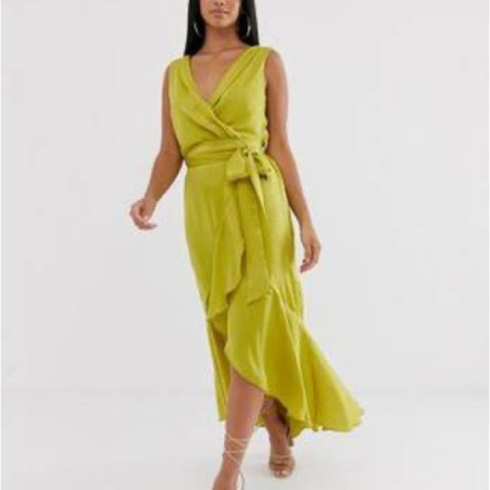 Flounce London ☀️🍸💫🦜 Petite satin wrap front midaxi dress in gold
